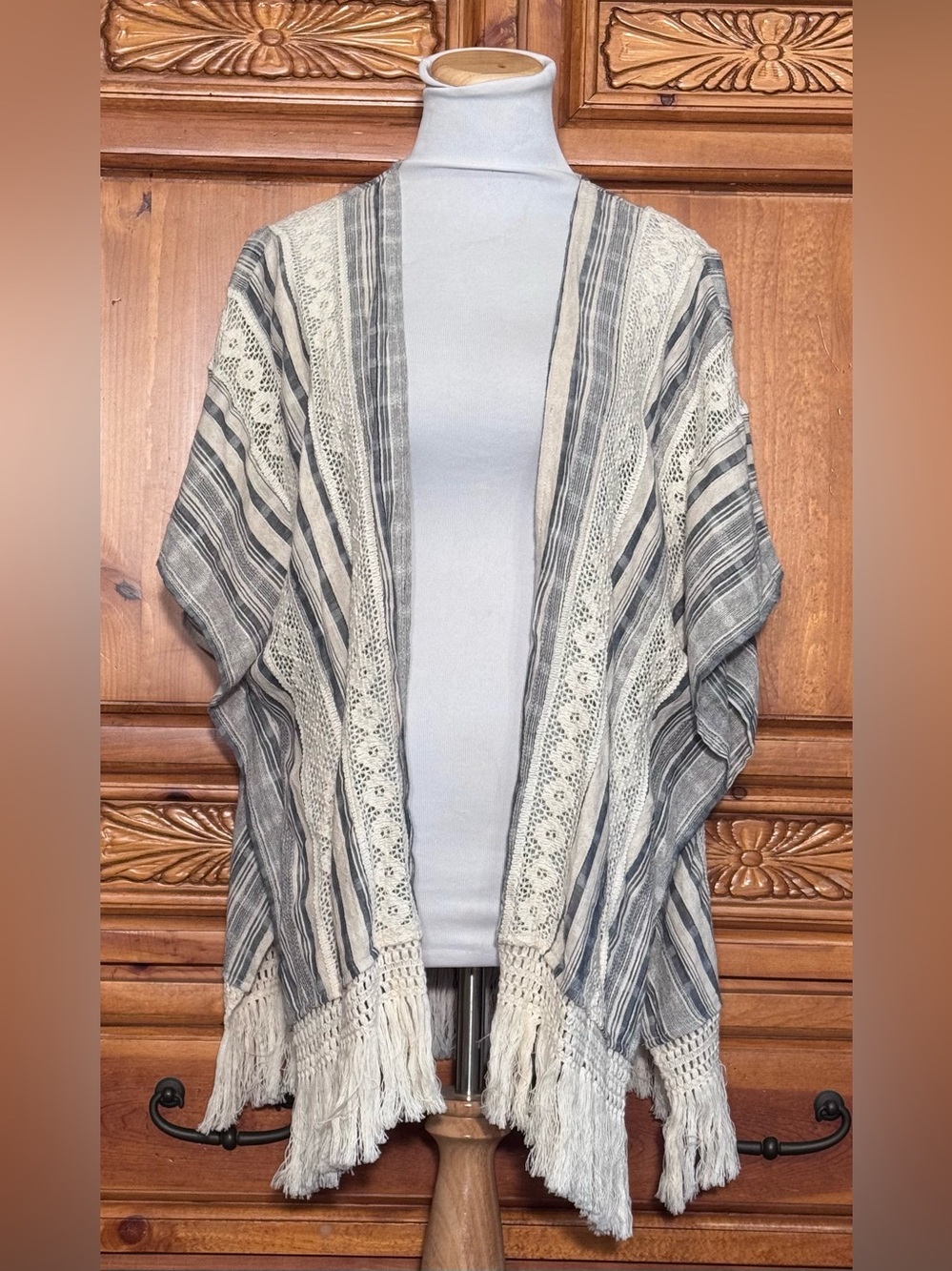 Kori Cream and Gray/Blue Striped Crochet Fringe Kimono Cover-Up